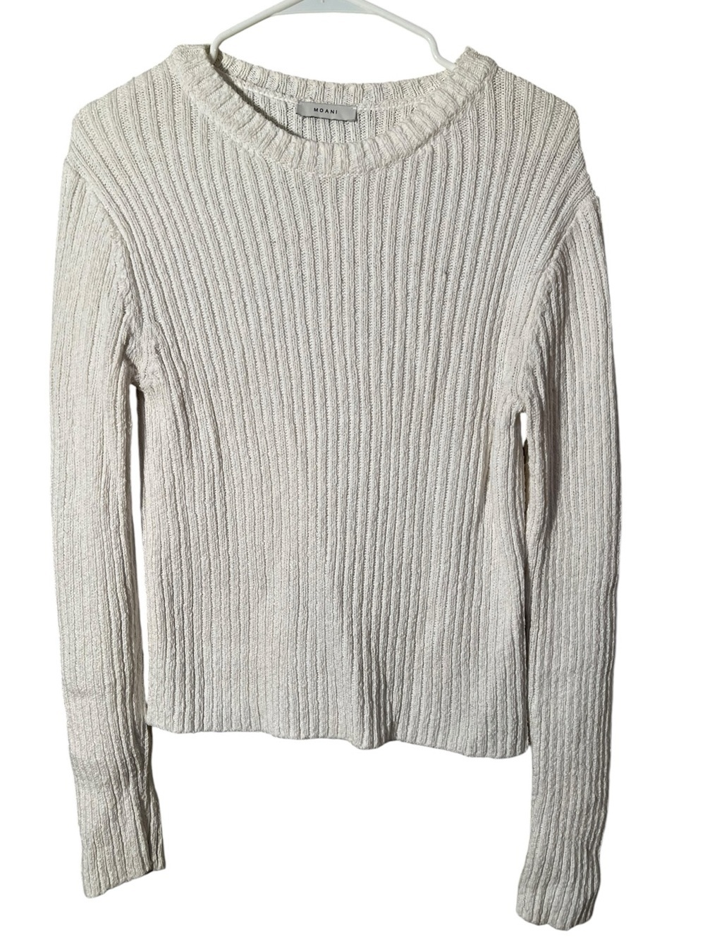 Moani Women's Size F Crewneck Sweater White Ribbed Merino Wool Cashmere Blend